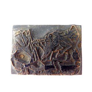 Vintage Cave Man Copper Letterpress Stamp Wood Printing Block Whimsical
